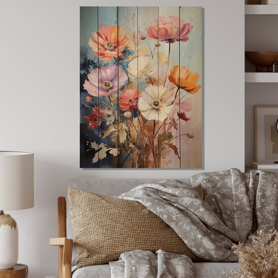 Designart "Representational Bouquet of Wildflowers I" Floral Print on Natural Pine Wood