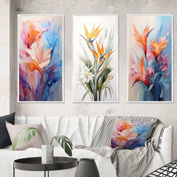 Designart "Representing the Birds of Paradise II" Floral & Botanical Framed Wall Art Set Of 3 - Peach Birds Of Paradise Frame Gallery Set For Office Decor