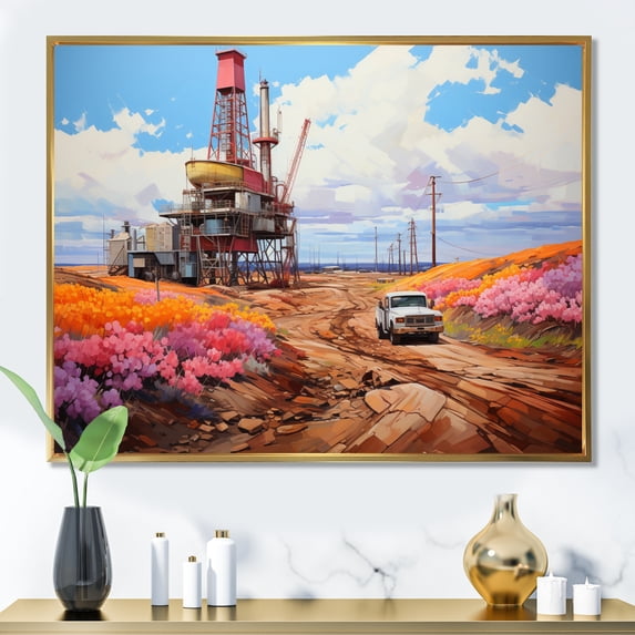 Designart "Resonance of Pink Oil Rigs" Oil Rigs / Fields Floater Framed Canvas Wall Art