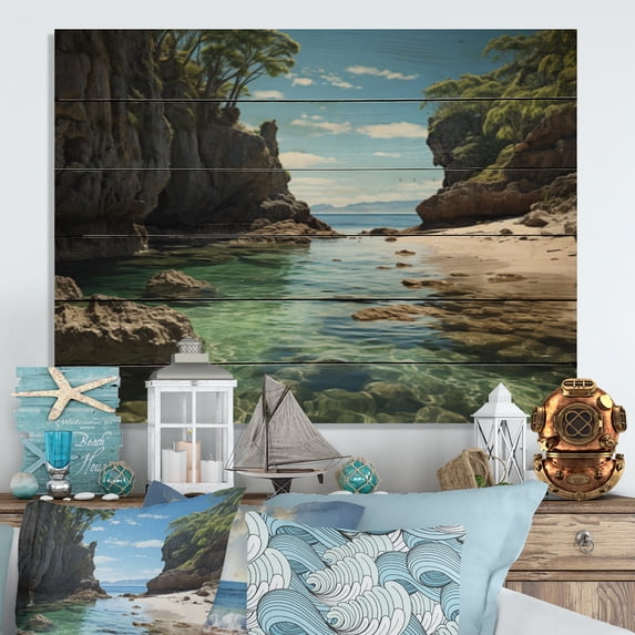 Designart "Retreat Among Beach Rocks II" Landscapes Print on Natural Pine Wood