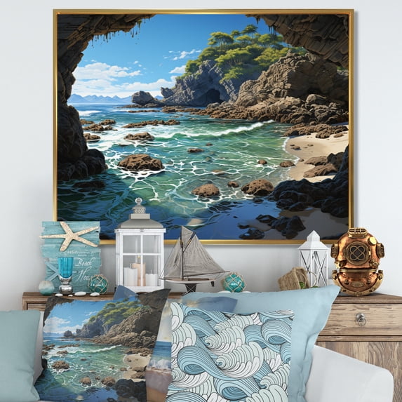 Designart "Retreat Among Beach Rocks III" Landscapes Floater Framed Wall Decor