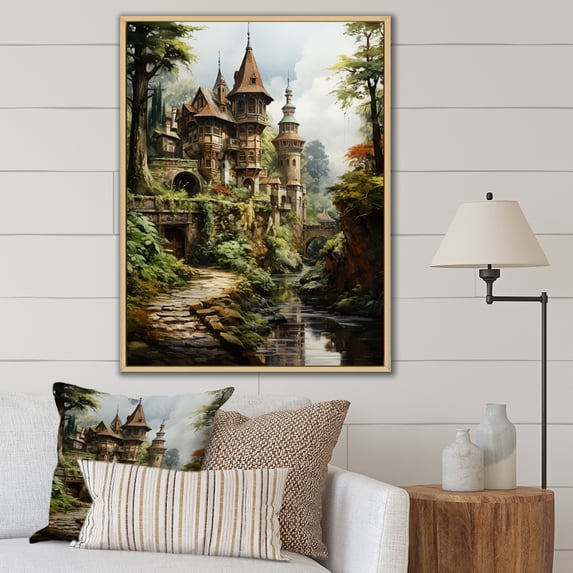 Designart "Retreat Earthy Castles Rustic wall art II" Cityscapes Floater Framed Canvas Print