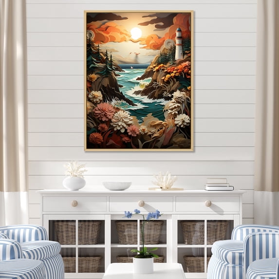Designart "Retreat Papercut Port Harbor painting II" Nautical & Beach Floater Framed Canvas Print