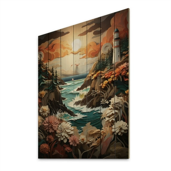 Designart "Retreat Papercut Port Harbor painting II" Nautical & Beach Print on Natural Pine Wood