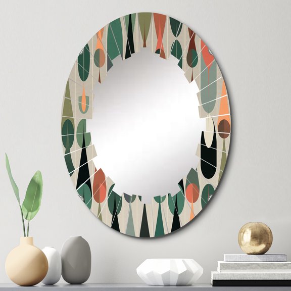 Designart "Retro Abstract Drops X Nostalgic Patterns" Modern Geometric Round Wall Mirror - Modern Oval Printed Decorative Oversized Mirror - Multiple Color Options