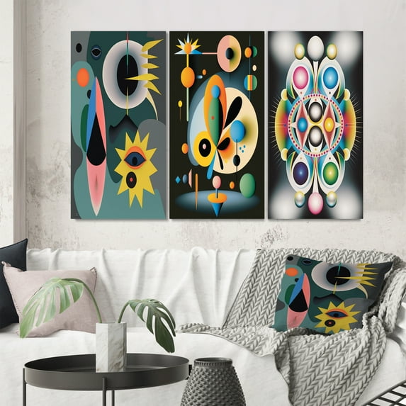 Designart "Retro Abstract Illustration Divine Secrets IV" Modern Geometric Wall Art Set Of 3 - Multicolor Abstract Gallery Wall Set For Home Decor