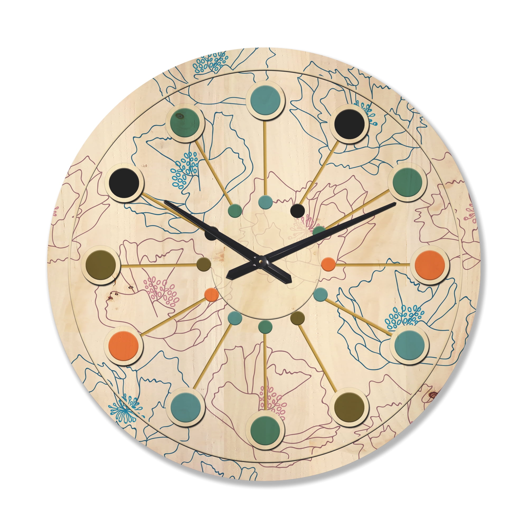 Designart 'Retro Abstract Poppies I' Mid-Century Modern Wood Wall Clock