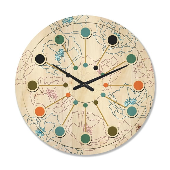 Designart 'Retro Abstract Poppies I' Mid-Century Modern Wood Wall Clock