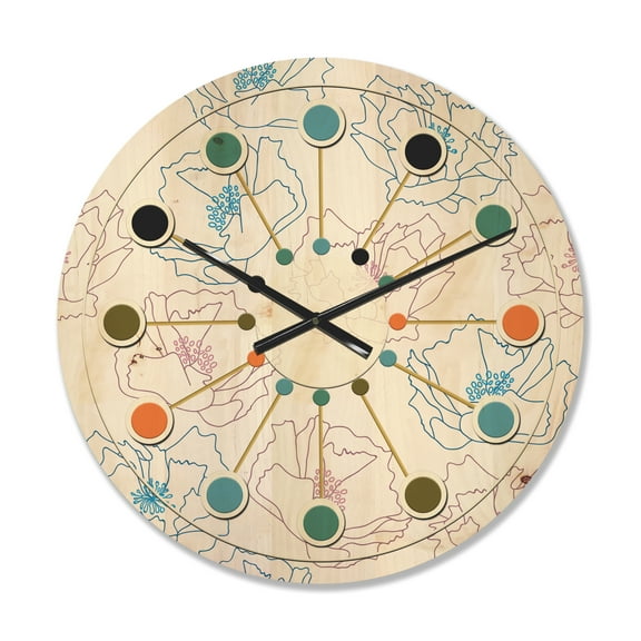 Designart 'Retro Abstract Poppies I' Mid-Century Modern Wood Wall Clock