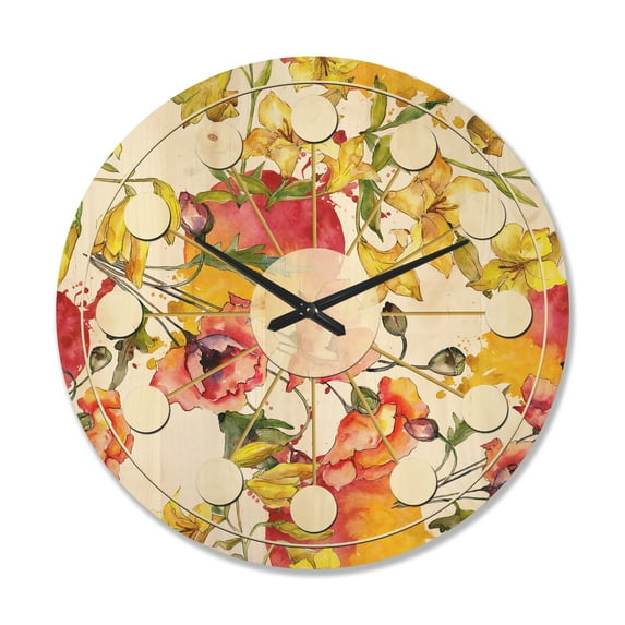 Designart 'Retro Abstract Poppies IV' Mid-Century Modern Wood Wall Clock