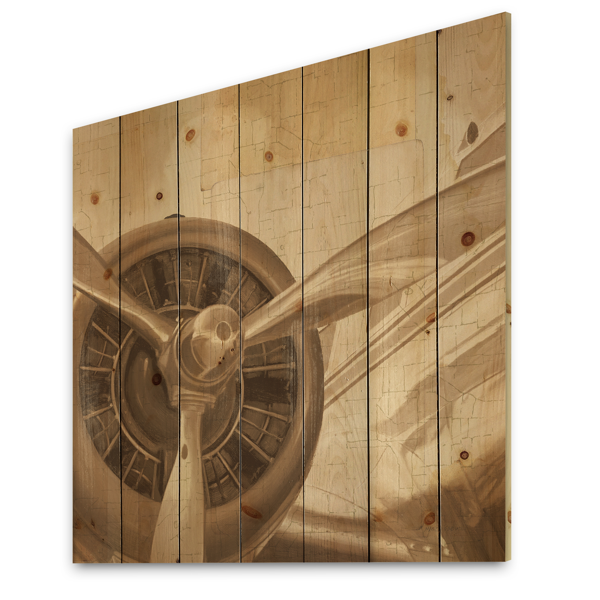 Designart 'Retro Airplanes Sepia' Vintage Transportation Print on Natural Pine Wood