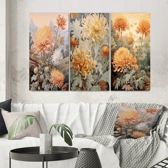 Designart "Retro Art Blooming White Orange Chrysanthemum II" Wildflowers Wall Art Set Of 3 - Traditional Gold Gallery Set For Office Decor