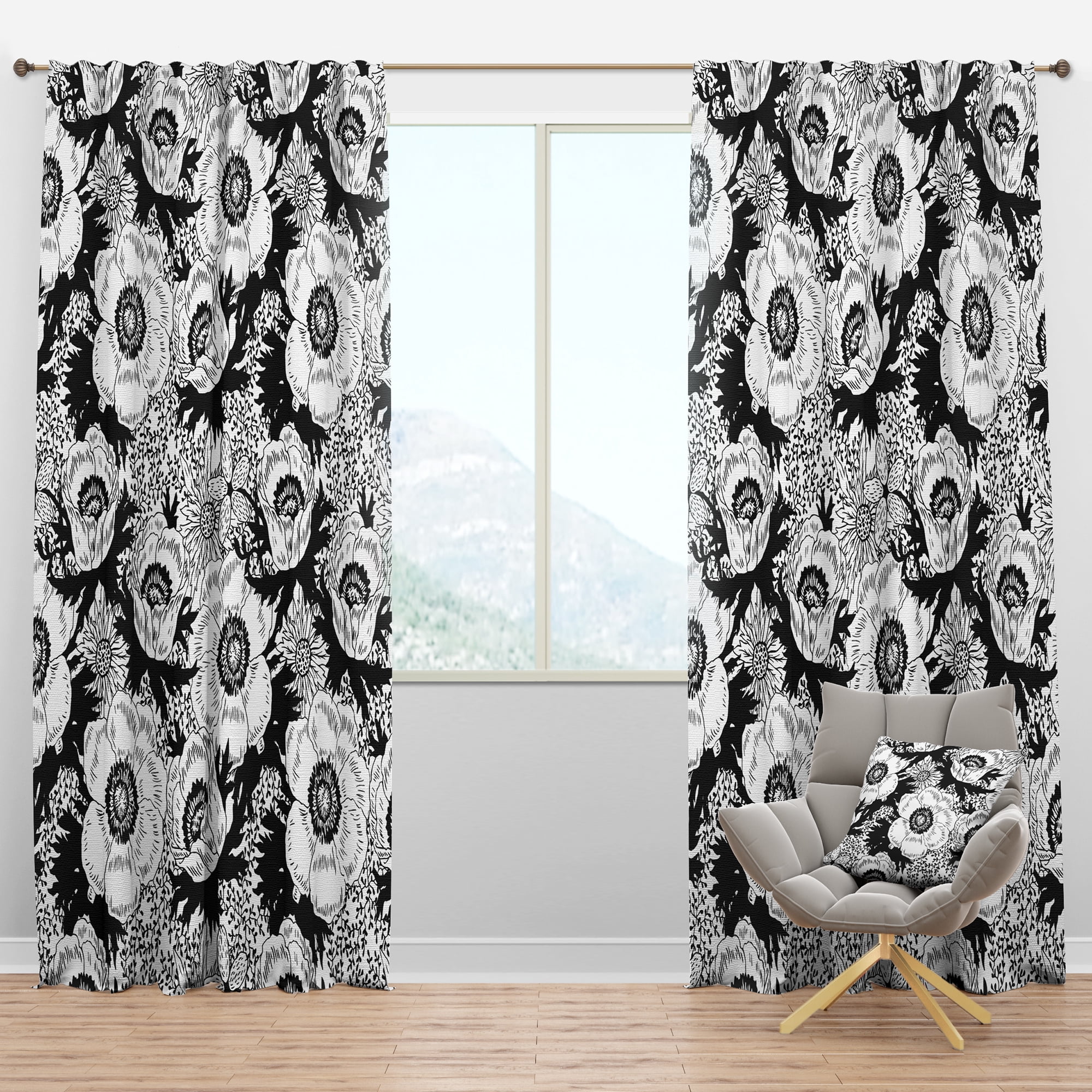 Designart 'Retro Black and White Flowers Pattern' Mid-Century Modern Blackout Curtain Panel