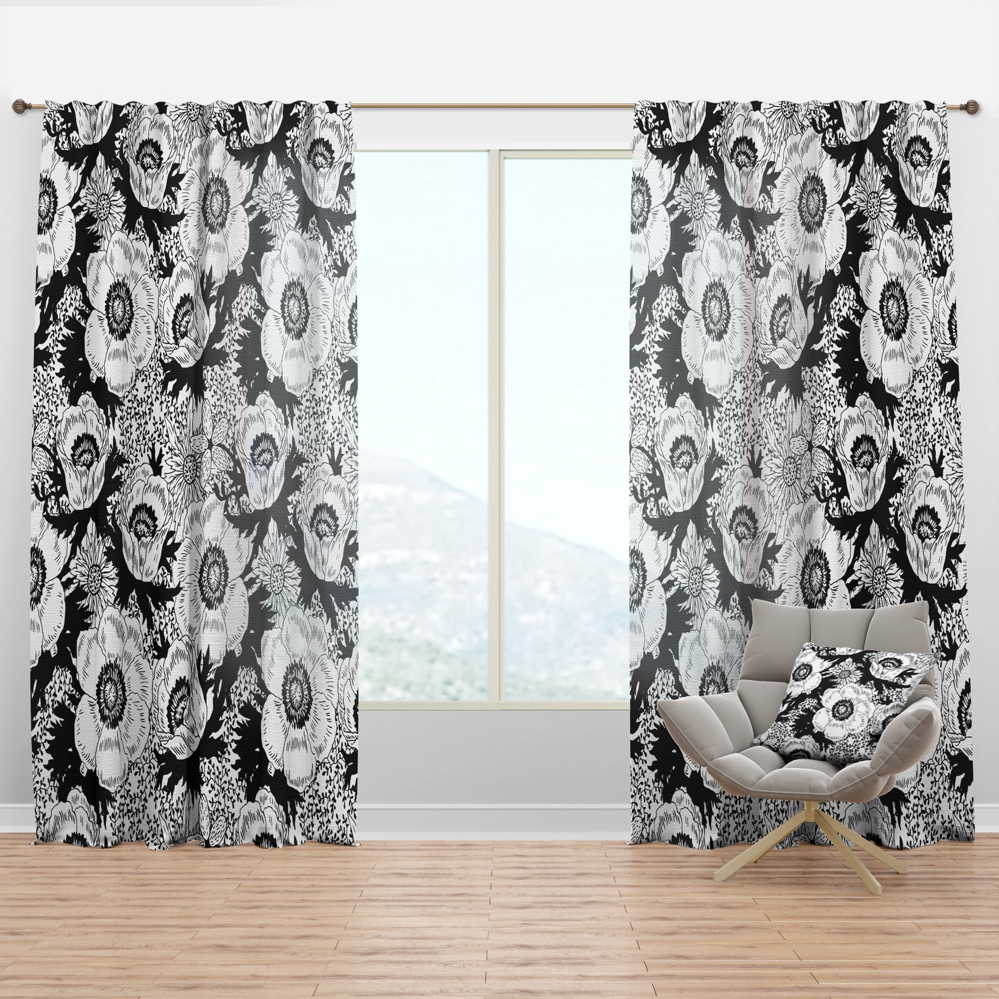 Designart 'Retro Black and White Flowers Pattern' Mid-Century Modern Curtain Panel