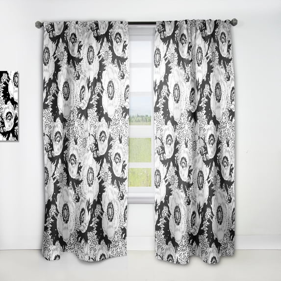 Designart 'Retro Black and White Flowers Pattern' Mid-Century Modern Curtain Panel