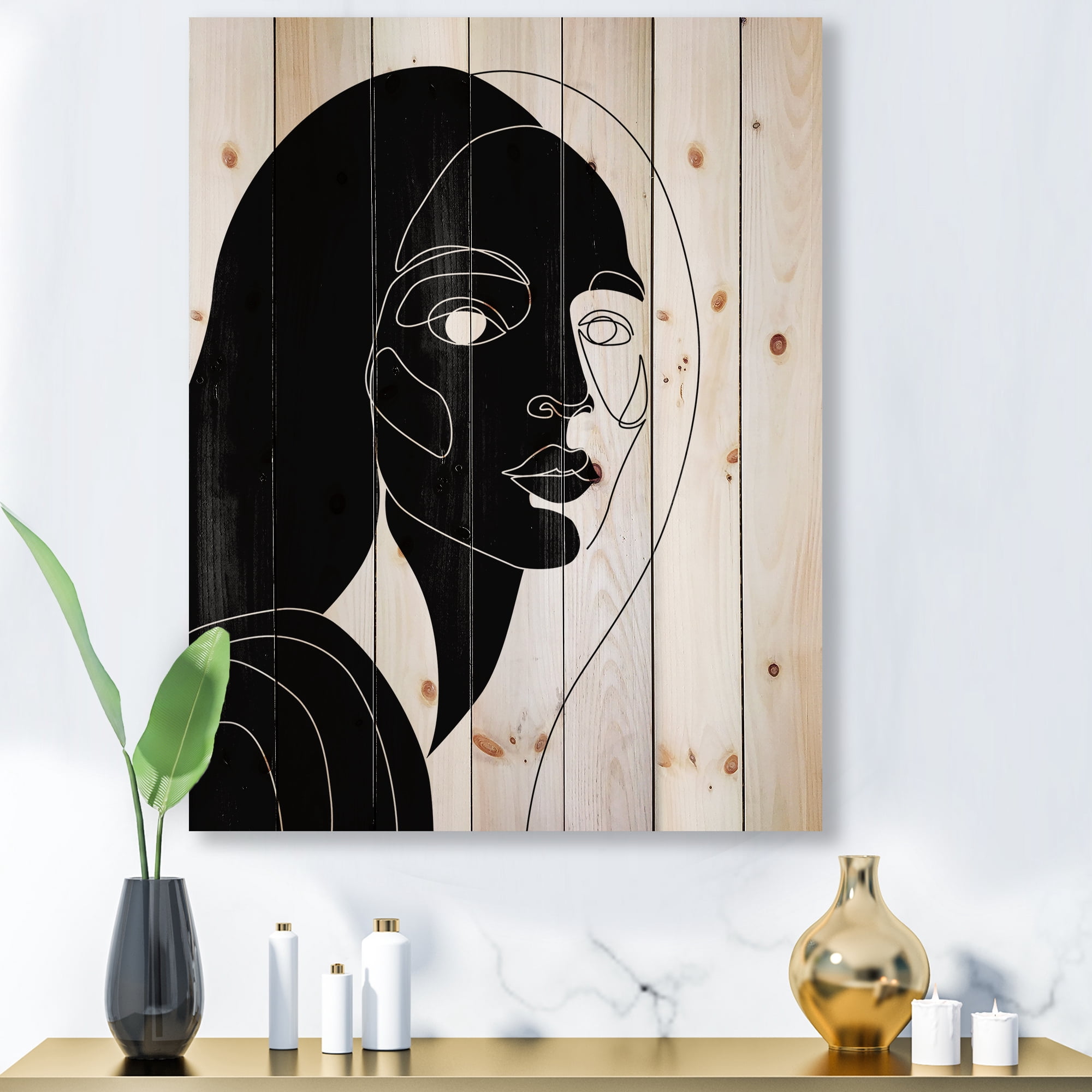 Designart 'Retro Black and White Minimal Portrait of Young Girl' Modern Print on Natural Pine Wood