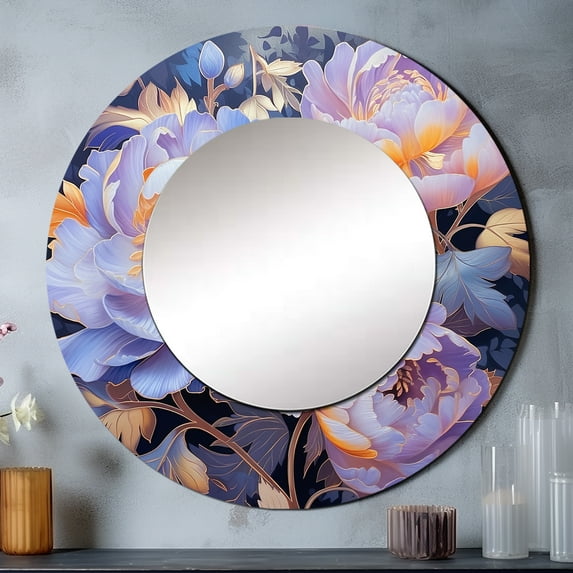 Designart "Retro Blue And Pink Peonies In Full Bloom" Poppies Rund Mirror For Wall Decor - Large Gold Round Print Mirror - Round Traditional Mirror - Wall Mounted Round Large Mirror - 23" x 23"