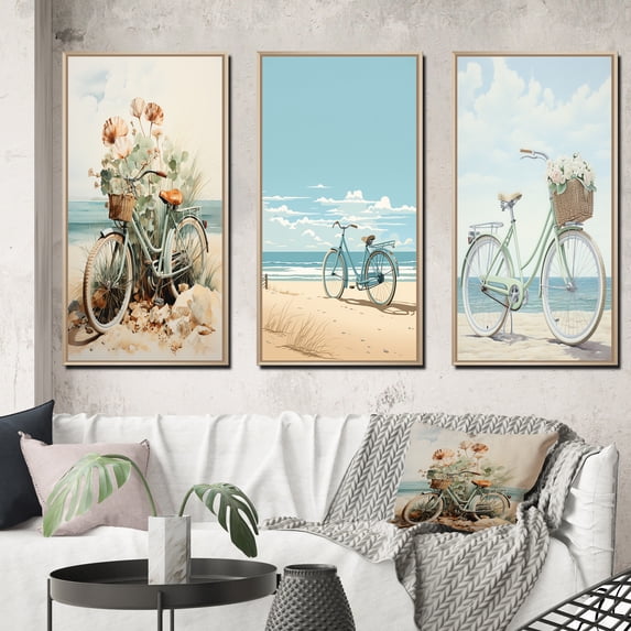 Designart "Retro Blue Bicycle with Basket on Beach I" Beach Framed Wall Art Set Of 3 - Blue Coastal Beach Frame Canvas Set For Living Room Decor