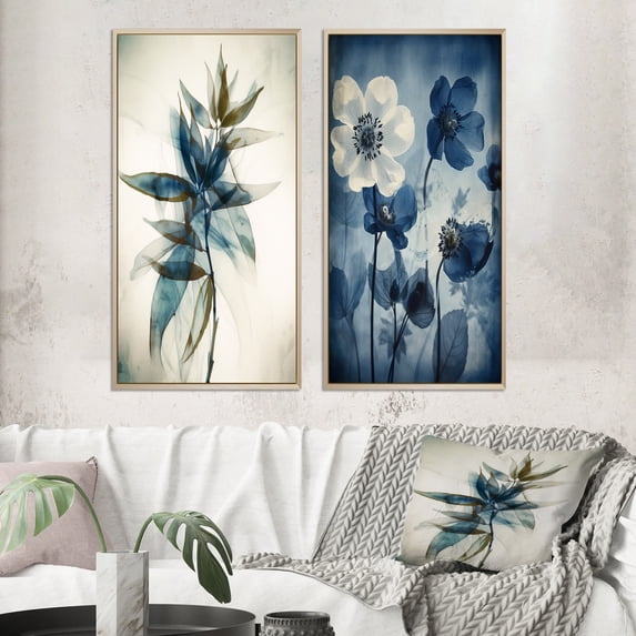Designart "Retro Blue Botanicals Abstract Leaves IX" Abstract Botanicals Framed Wall Art Set Of 2 - Modern Blue Frame Gallery Set For Office Decor