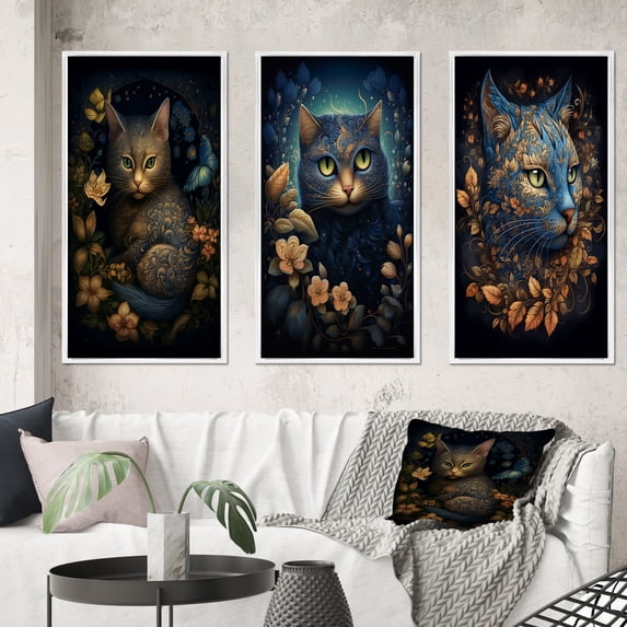 Designart "Retro Blue Cat Amongst Flowers III" Animals Cat Framed Wall Art Set Of 3 - Blue Cat Frame Gallery Wall Set For Home Decor