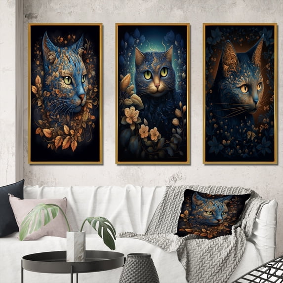 Designart "Retro Blue Cat Amongst Flowers Nostalgic Charm II" Animals Cat Framed Wall Art Set Of 3 - Blue Cat Frame Gallery Set For Office Decor