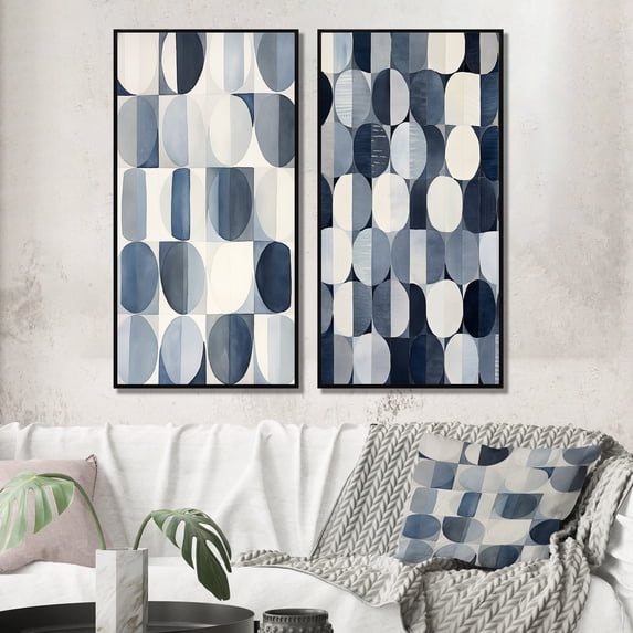 Designart "Retro Blue Circular Universal Grid" Modern Geometric Framed Wall Art Set Of 2 - Modern White Framed Canvas Set For Living Room Decor