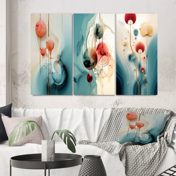 Designart "Retro Blue and Red Tender Awakening I" Modern Geometric Wall Art Set Of 3 - Blue Abstract Canvas Set For Living Room Decor