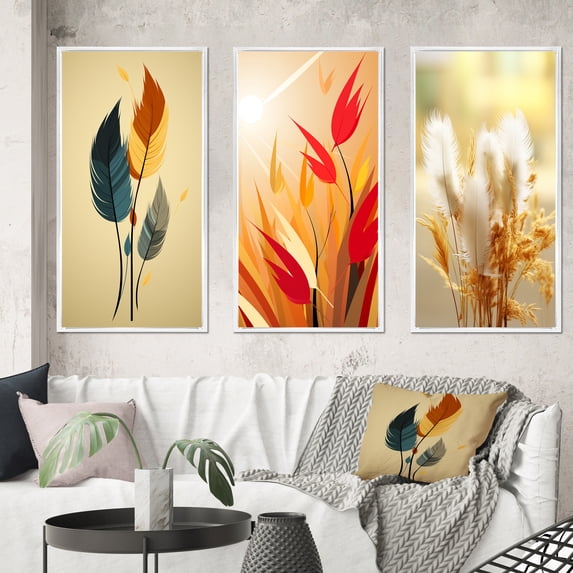 Designart "Retro Boho Feathers Blue and Amber Orange" Feathers Framed Wall Art Set Of 3 - Blue Modern Frame Gallery Set For Office Decor