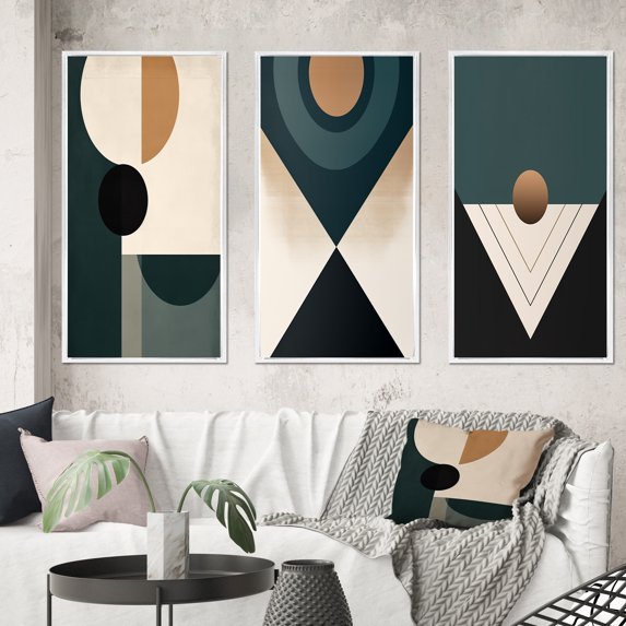Designart "Retro Brown and Blue Geometrics Midcentury III" Modern Midcentury Framed Wall Art Set Of 3 - Blue Abstract Midcentury Frame Canvas Set For Living Room Decor