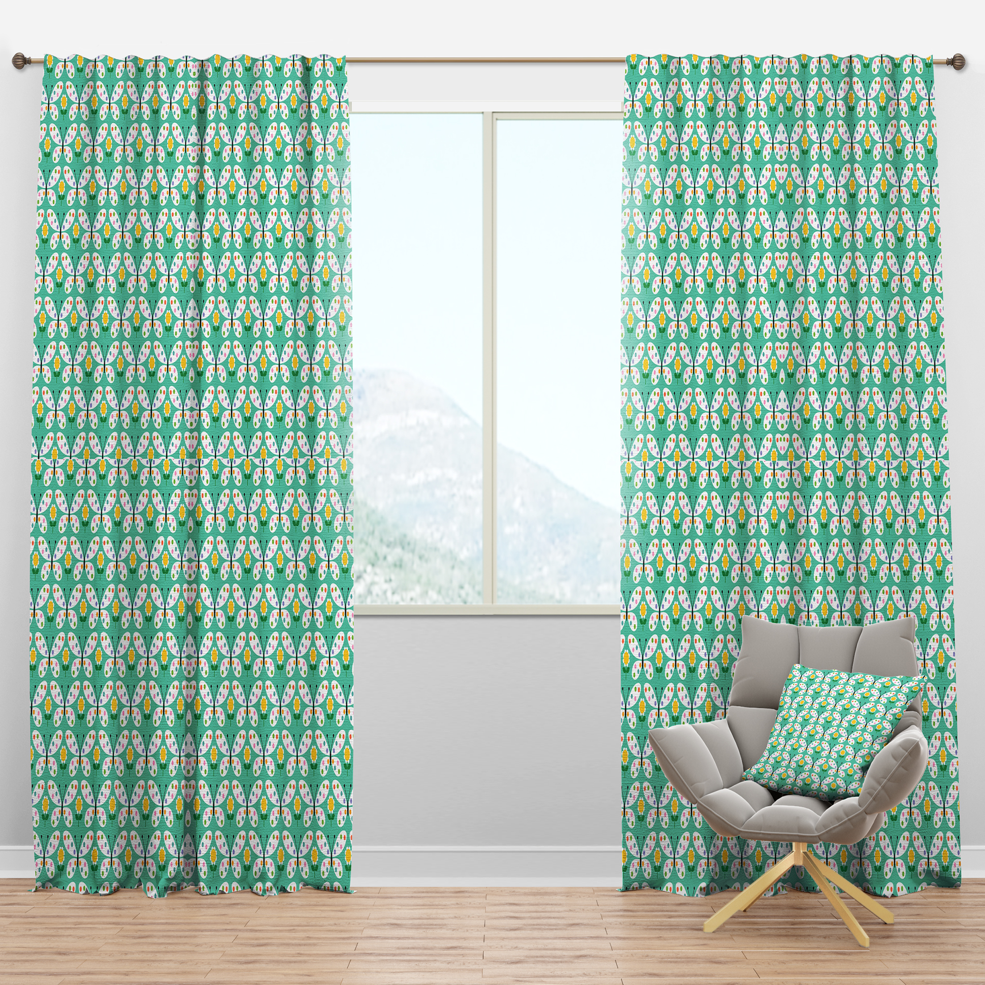 Designart 'Retro Butterflies On Green' Mid-Century Modern Blackout Curtain Panel