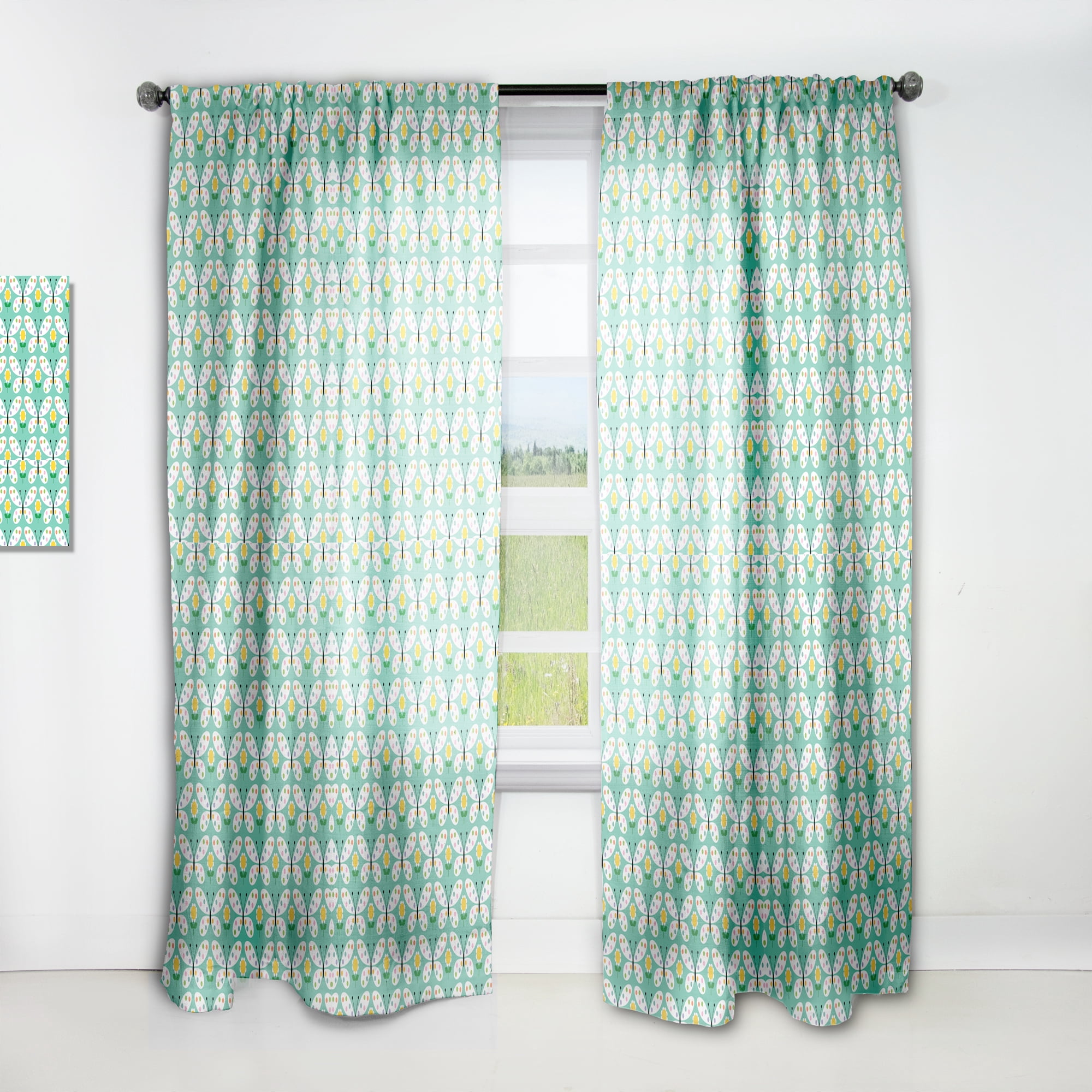 Designart 'Retro Butterflies On Green' Mid-Century Modern Curtain Panel