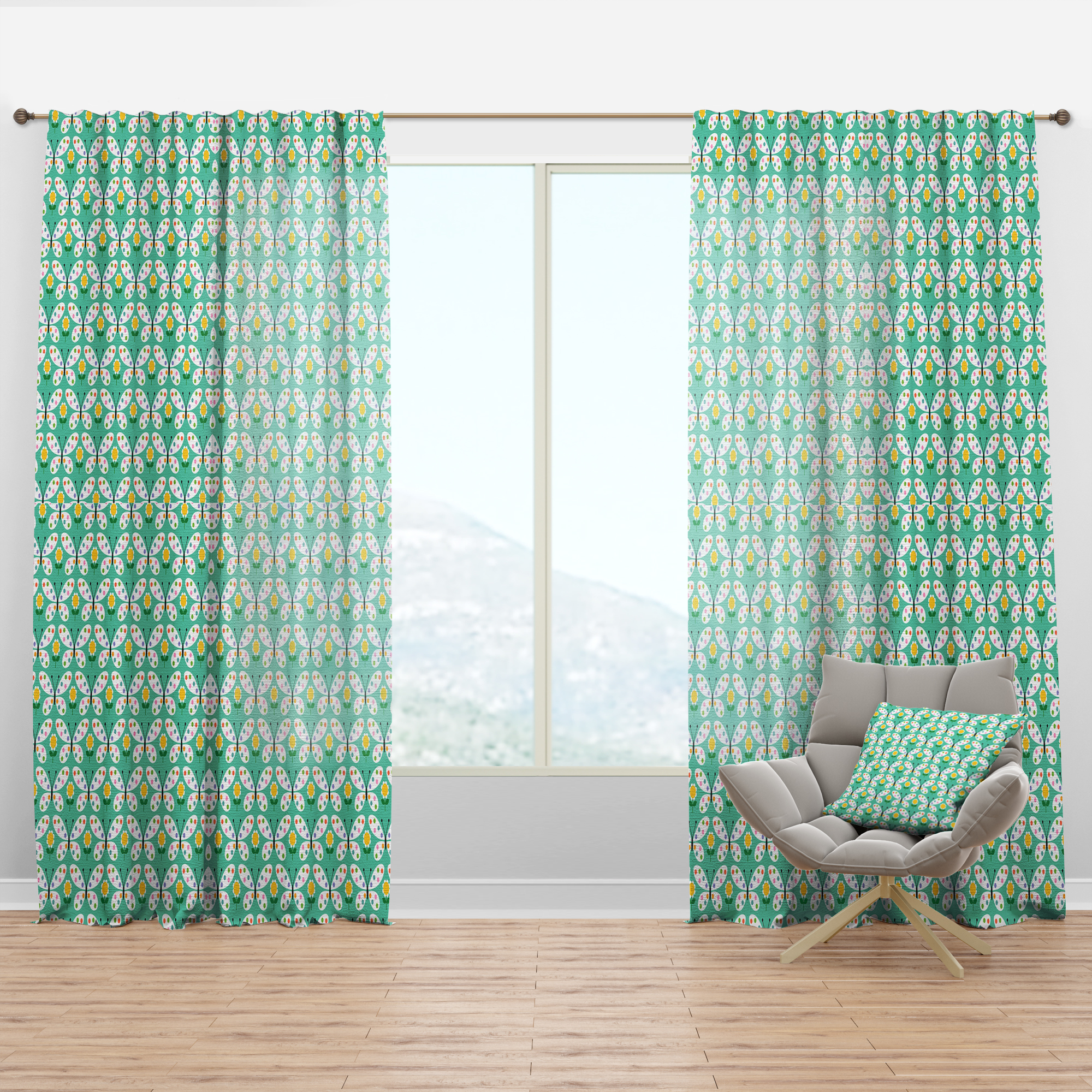 Designart 'Retro Butterflies On Green' Mid-Century Modern Curtain Panel