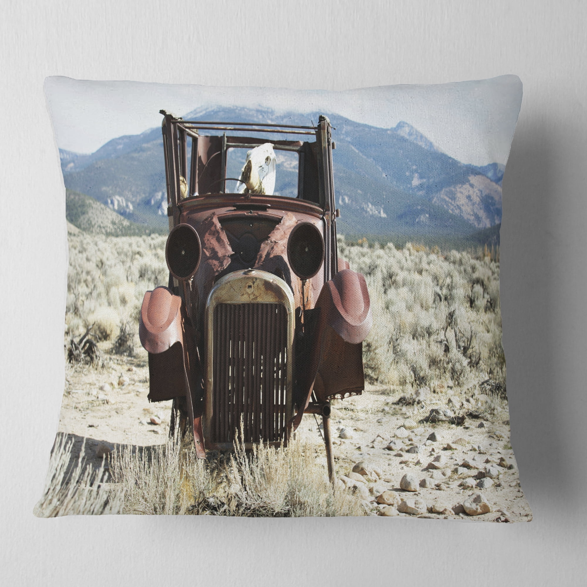 Designart Retro Car in Mountainous Area - Landscape Printed Throw Pillow - 18x18