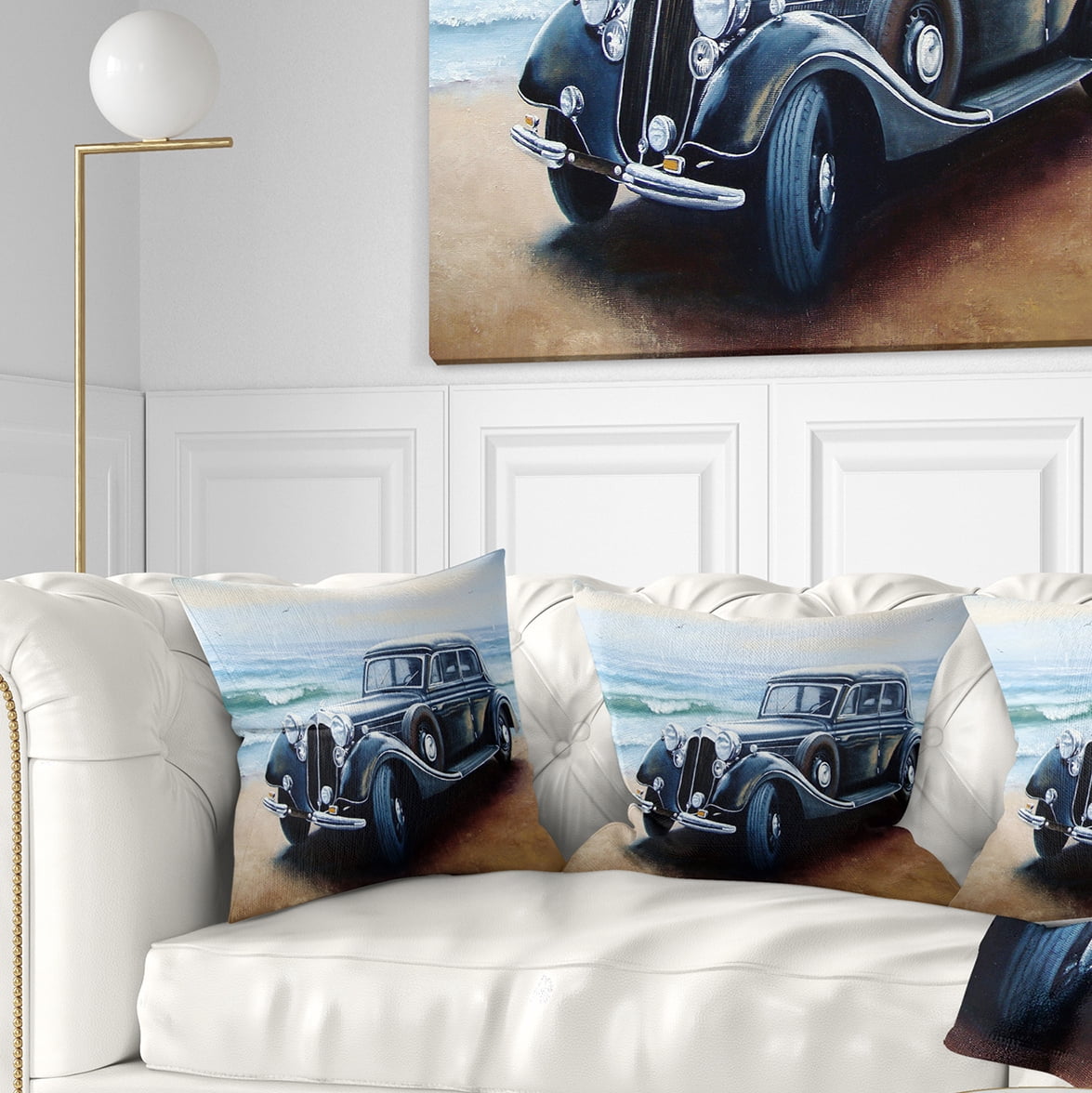 Designart Retro Car on Sea Shore - Car Throw Pillow - 16x16