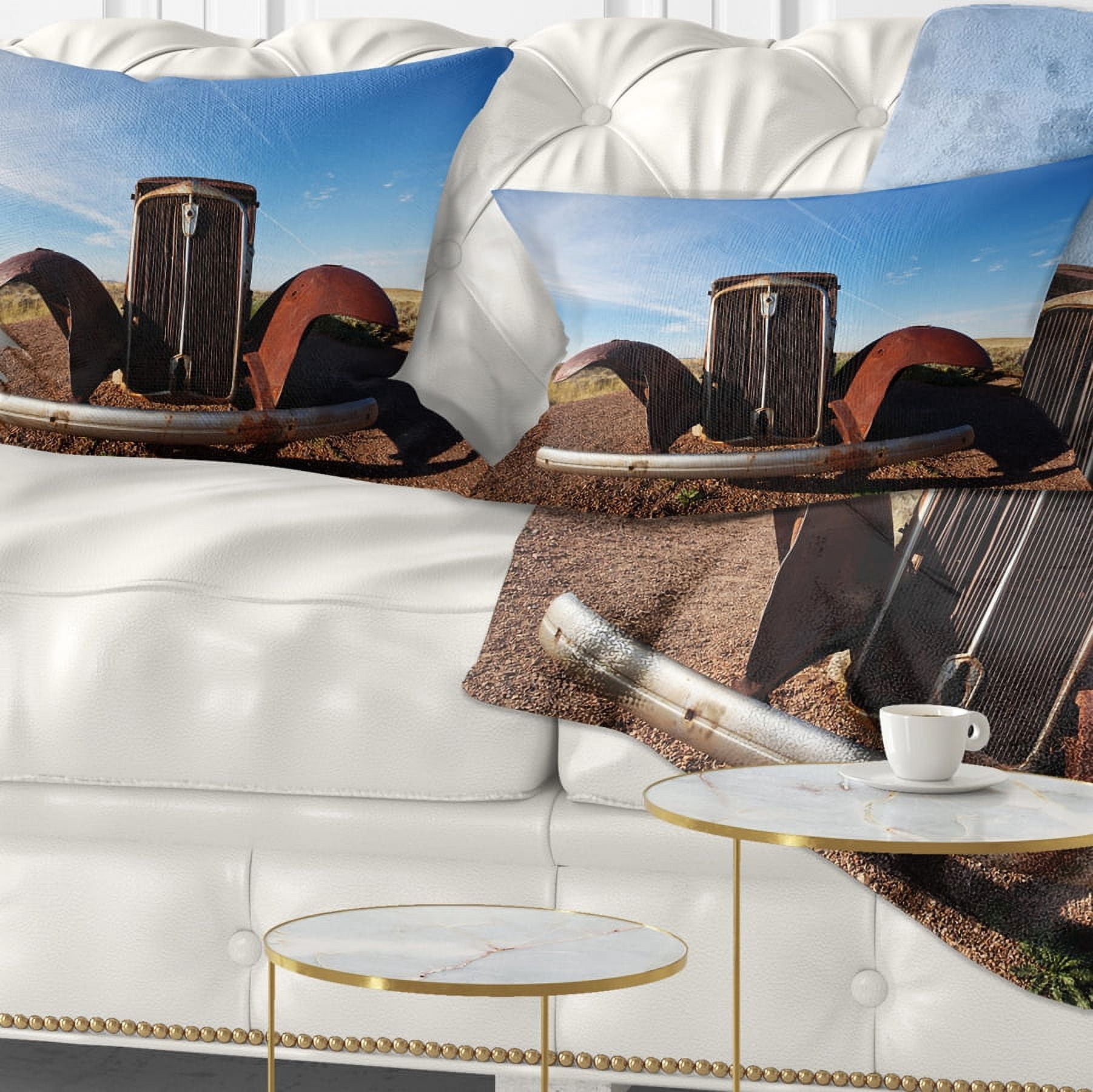 Designart Retro Car under Calm Blue Sky - Landscape Printed Throw Pillow - 12x20