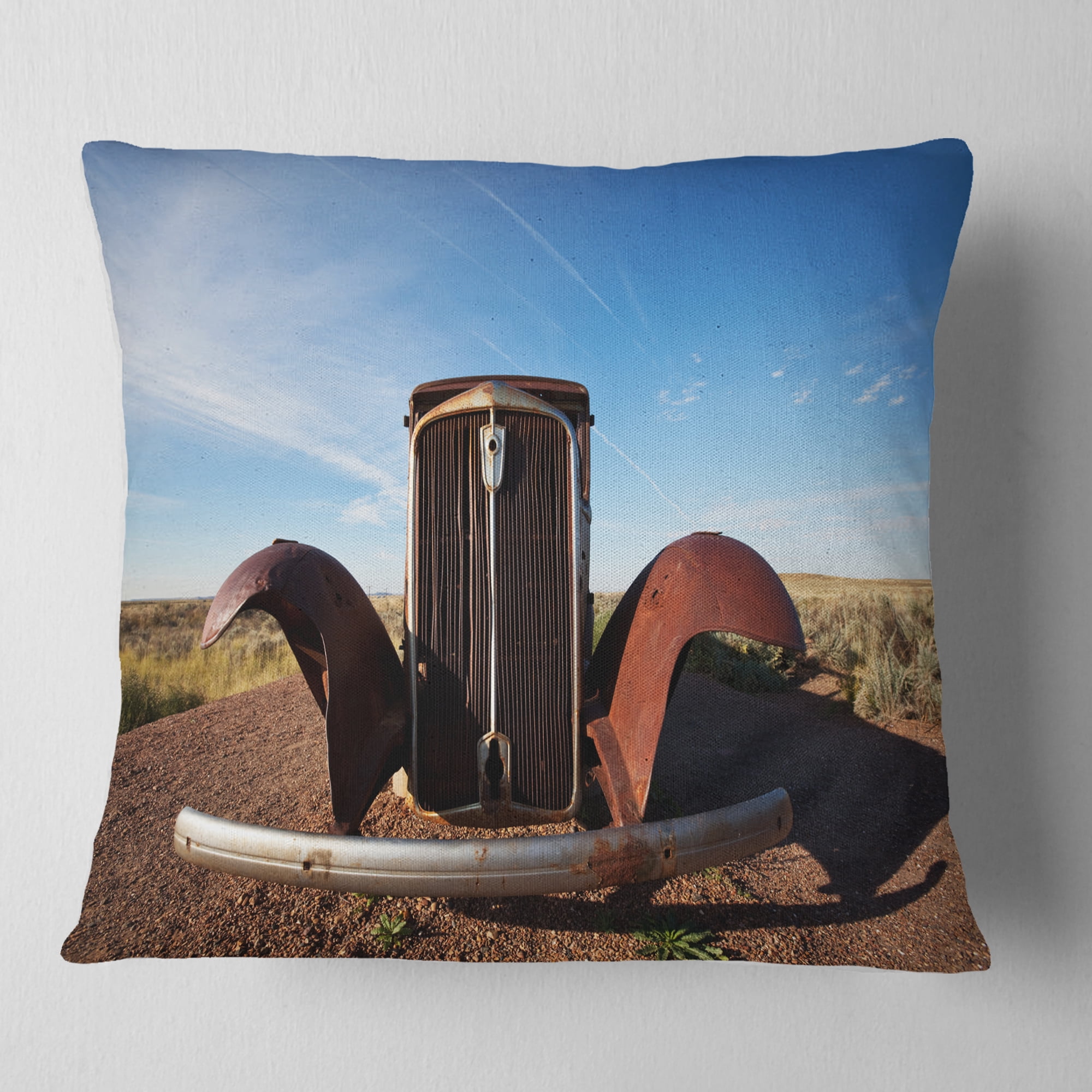 Designart Retro Car under Calm Blue Sky - Landscape Printed Throw Pillow - 18x18
