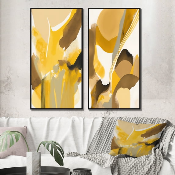 Designart "Retro Charm in Mustard Yellow Revival I" Abstract Liquid Ink Framed Wall Art Set Of 2 - Modern Yellow Gallery Wall Frame Set For Home Decor