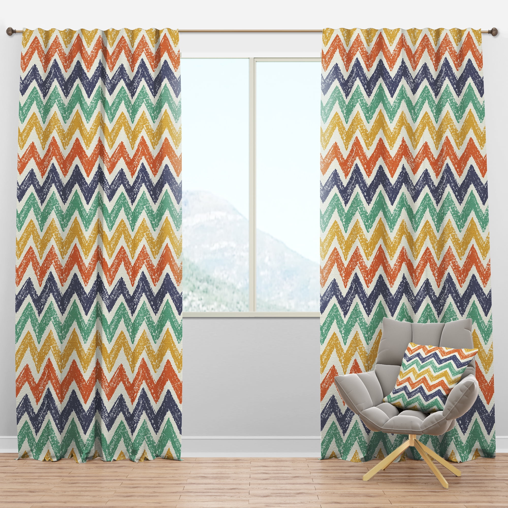 Designart 'Retro Chevron In Orange Yellow and Blue' Mid-Century Modern Blackout Curtain Panel