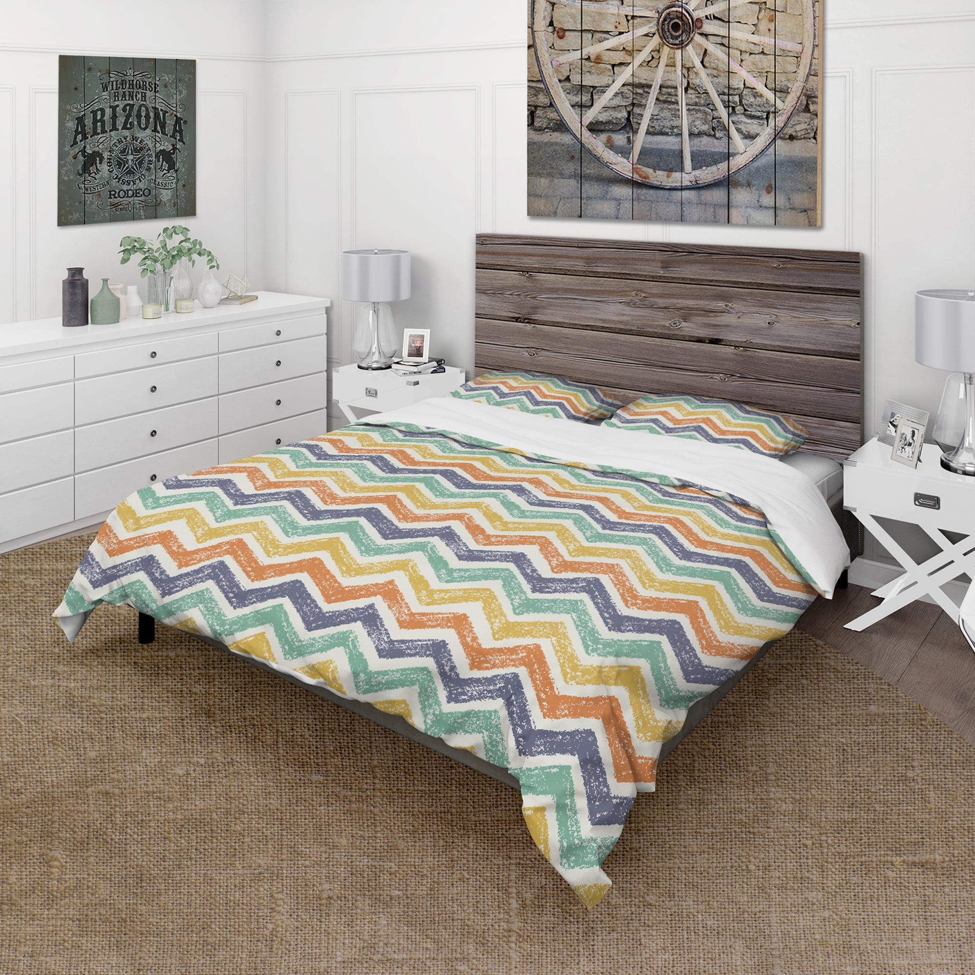 Designart 'Retro Chevron in Orange, Blue and Yellow' Vintage Duvet Cover Set