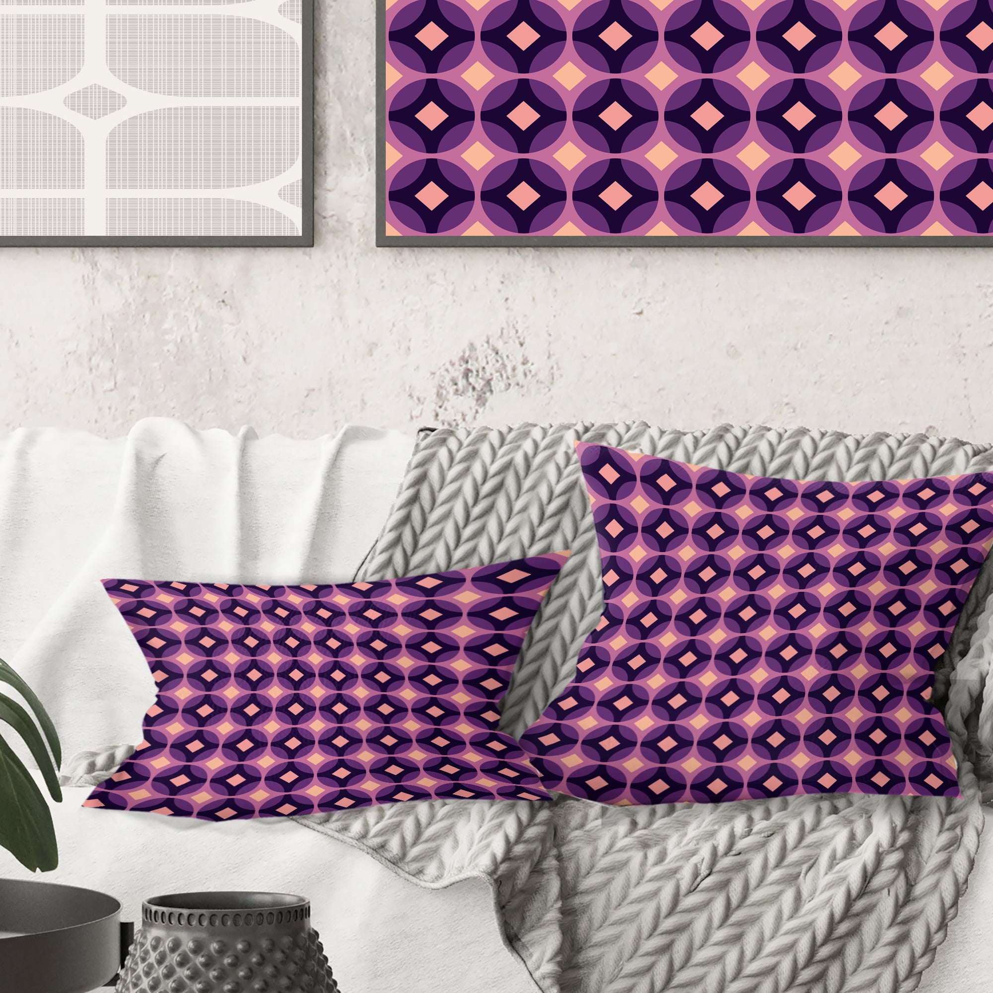 Designart Retro Circular Purple And Yellow Pattern' Mid-Century Modern Throw Pillow - 16x16
