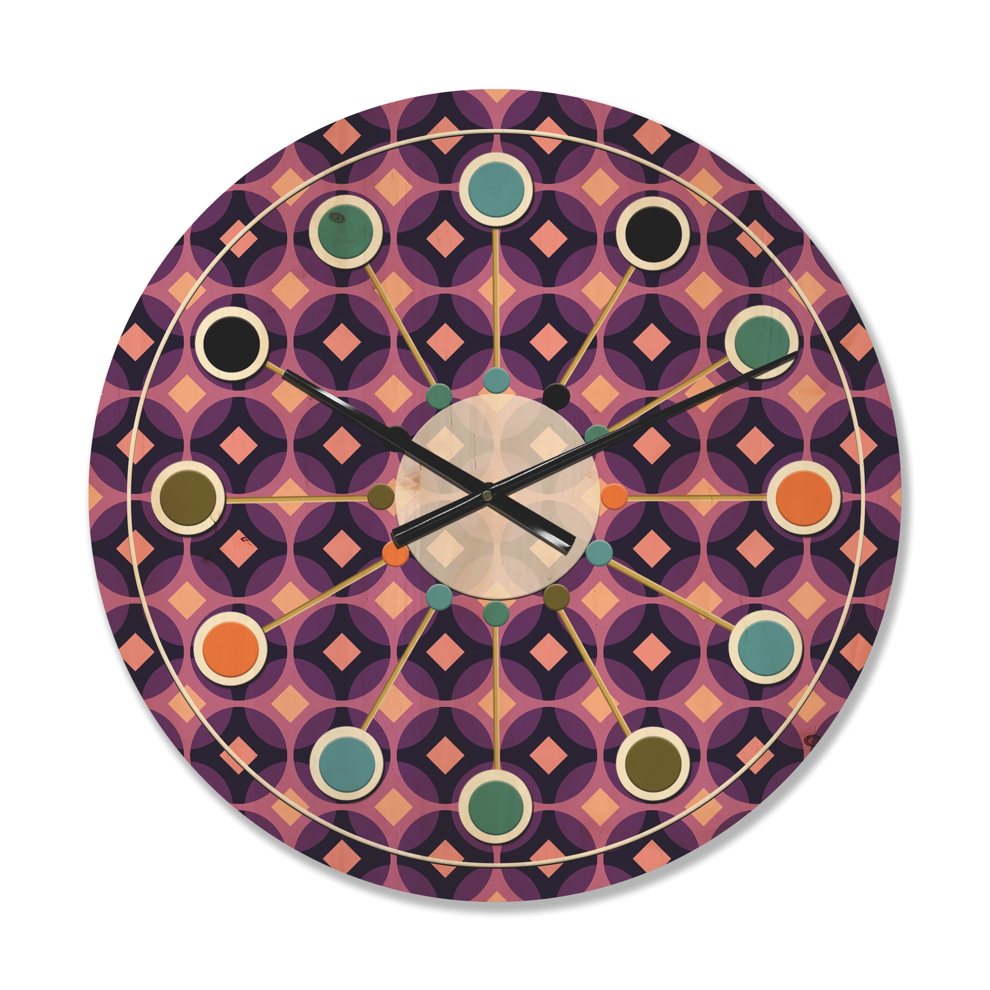 Designart 'Retro Circular Yellow and Purple Pattern' Mid-Century Modern Wood Wall Clock