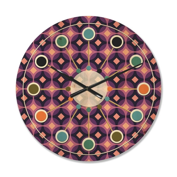 Designart 'Retro Circular Yellow and Purple Pattern' Mid-Century Modern Wood Wall Clock
