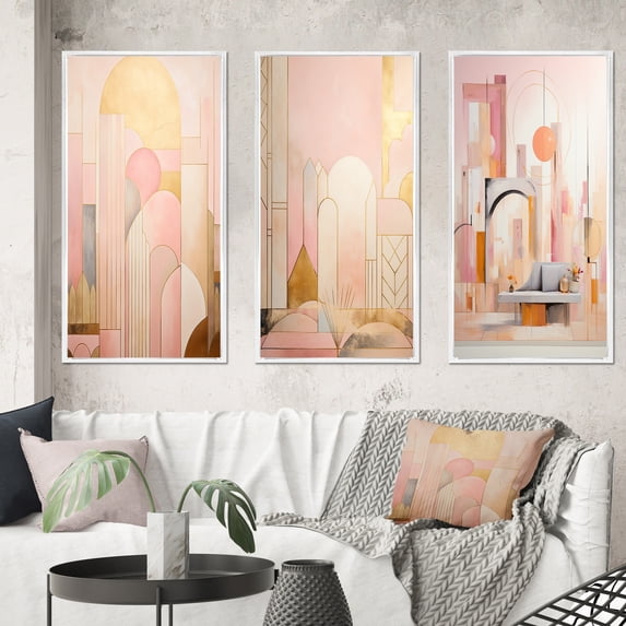 Designart "Retro City Dreams in Golden Illustration I" Modern Geometric Framed Wall Art Set Of 3 - Pink Abstract Frame Gallery Wall Set For Home Decor