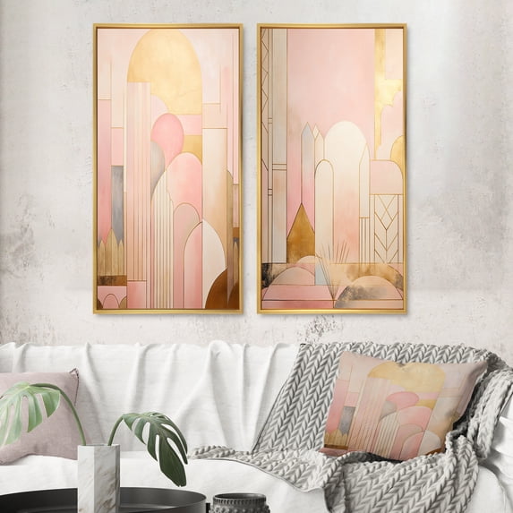 Designart "Retro City Dreams in Golden Illustration I" Modern Geometric Framed Wall Art Set Of 2 - Modern Pink Gallery Wall Frame Set For Home Decor