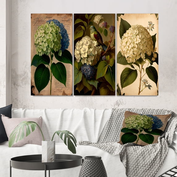 Designart "Retro-Colored Hydrangea Blossoming II" Floral Wall Art Set Of 3 - Traditional Green Gallery Wall Set For Home Decor