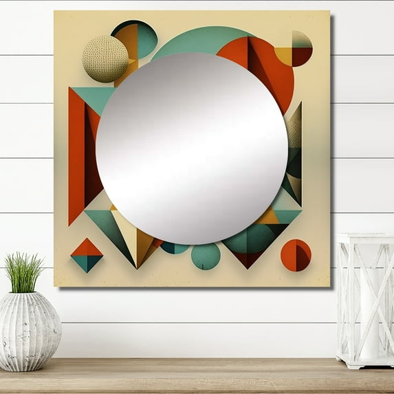 Designart "Retro-Colored Midcentury Geometric Minimalism" Romantic Square Mirror For Wall Decor - Large Blue Square Printed Wall Mirror Art - Wall Mounted Square Large Mirror