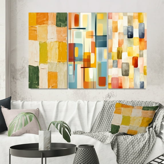 Designart "Retro Cubism Abstract Composition I" Modern Midcentury Wall Art Set Of 3 - Abstract Midcentury Gold Canvas Set For Living Room Decor