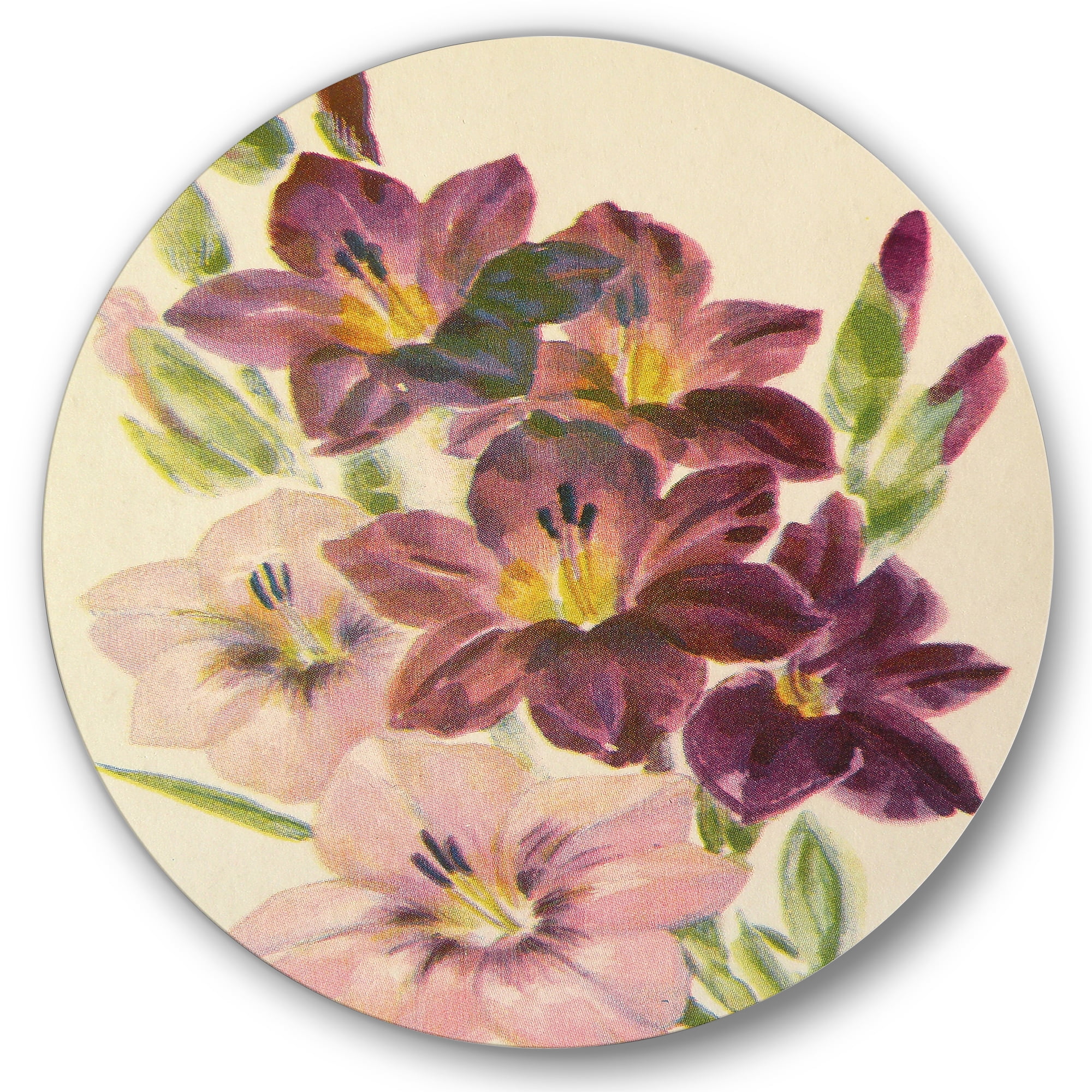Designart 'Retro Dark and Light Pink Gladiolus' Traditional Circle Metal Wall Art 23x23 - Disc of 23