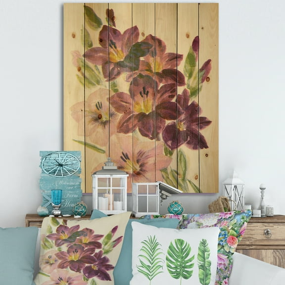 Designart 'Retro Dark and Light Pink Gladiolus' Traditional Print on Natural Pine Wood
