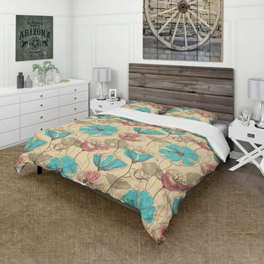 Designart 'Retro Drawing Flowers in Pink and Blue' Floral Duvet Cover Set